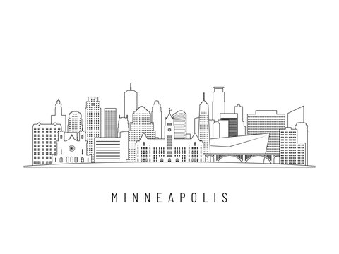 Detailed Minneapolis skyline vector illustration. Minneapolis buildings in line art style, perfect for modern designs.