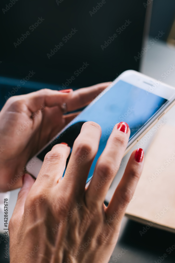 Poster female's hands typing text messages on empty screen smartphone communicating via online application,
