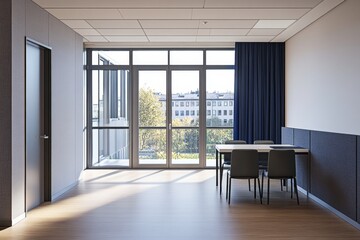 Modern, bright, open-plan, minimalist dining area with city views