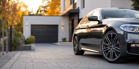 Modern car parked in front of luxury house, fall season, golden hour lighting