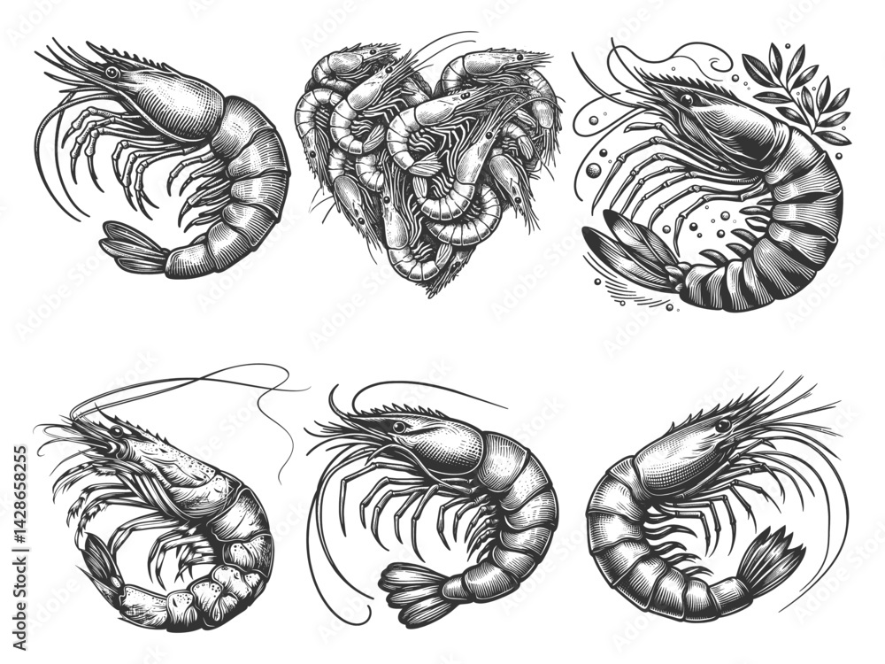 Poster shrimp set collection bundle sketch engraving generative ai vector illustration. scratch board imita