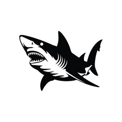 Black and white shark silhouette vector illustration with sharp teeth and aggressive expression for marine wildlife and predator themes
