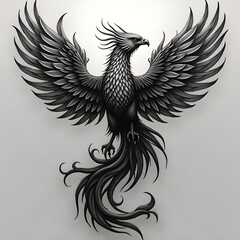 A striking black and gray phoenix with sharp, detailed feathers and red eyes spreads its wings in a...