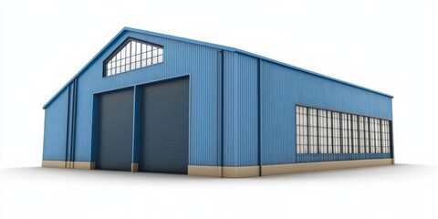 Fototapeta premium Blue industrial warehouse with large doors and windows, set against a simple background