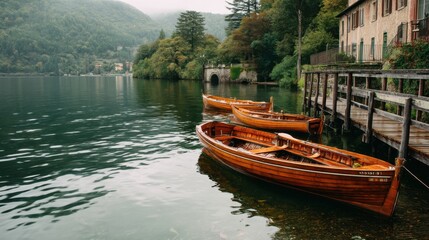 Fototapeta premium A stunning image of serene Lakeside Scenery with Wooden Boats.