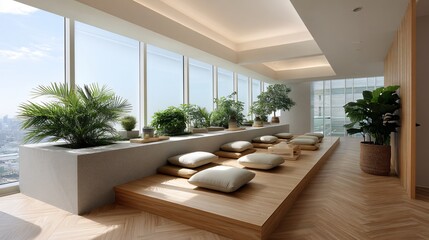 Naklejka premium A tranquil prayer corner with floor cushions on herringbone parquet floor and soft daylight from frosted glass window