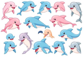 Obraz premium Collection of cute cartoon dolphins in various playful poses, swimming and jumping Isolated on white background, happy animals, wildlife