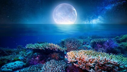 Obraz premium glowing coral reef seascape bathed in moonlight and starry sky