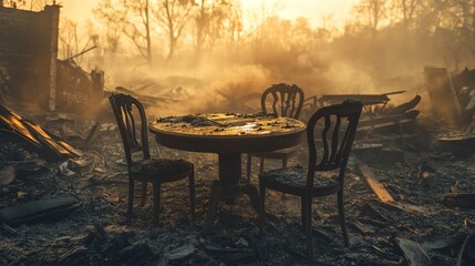 Empty table amidst wildfire destruction