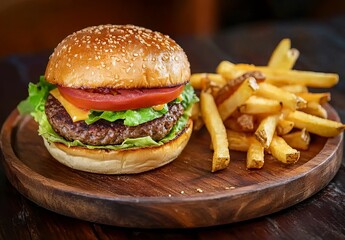 Baguettes on a wooden plate with a burger and fries. Grilled hamburger patty, lettuce, cheese, tomato, onion, French potato chips in a paper bag on a dark wood background. 