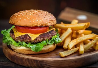 Baguettes on a wooden plate with a burger and fries. Grilled hamburger patty, lettuce, cheese, tomato, onion, French potato chips in a paper bag on a dark wood background. 
