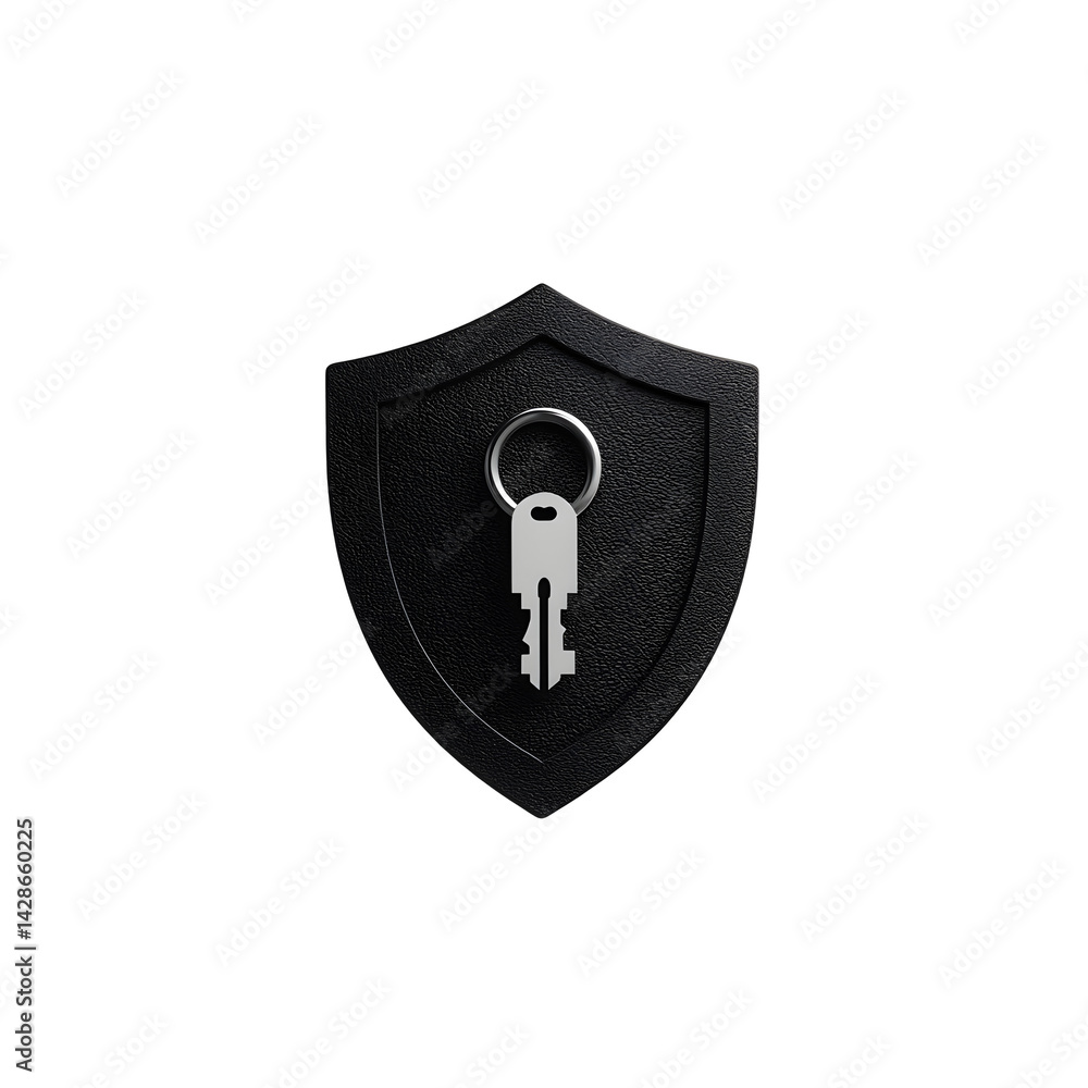 Poster a black security shield icon with a key symbol representing digital security access control and priv