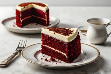 Indulge in this delectable red velvet cake slice topped with creamy frosting and cocoa powder.  Sweet treat