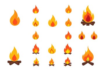 Collection of minimalist fire icons, featuring various flame shapes and bonfire illustrations, graphic, art