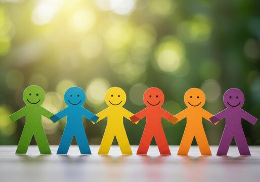 Colorful paper cutout characters holding hands in nature with bokeh background symbolizing unity and joy