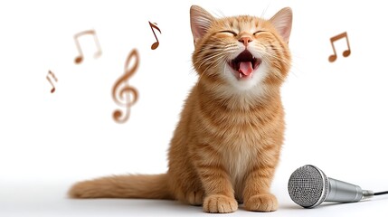 Happy Orange Cat Singing with Microphone Surrounded by Musical Notes in a Playful Setting