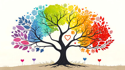 Colorful Tree of Seasons with Heart-Shaped Leaves in Artistic Style.