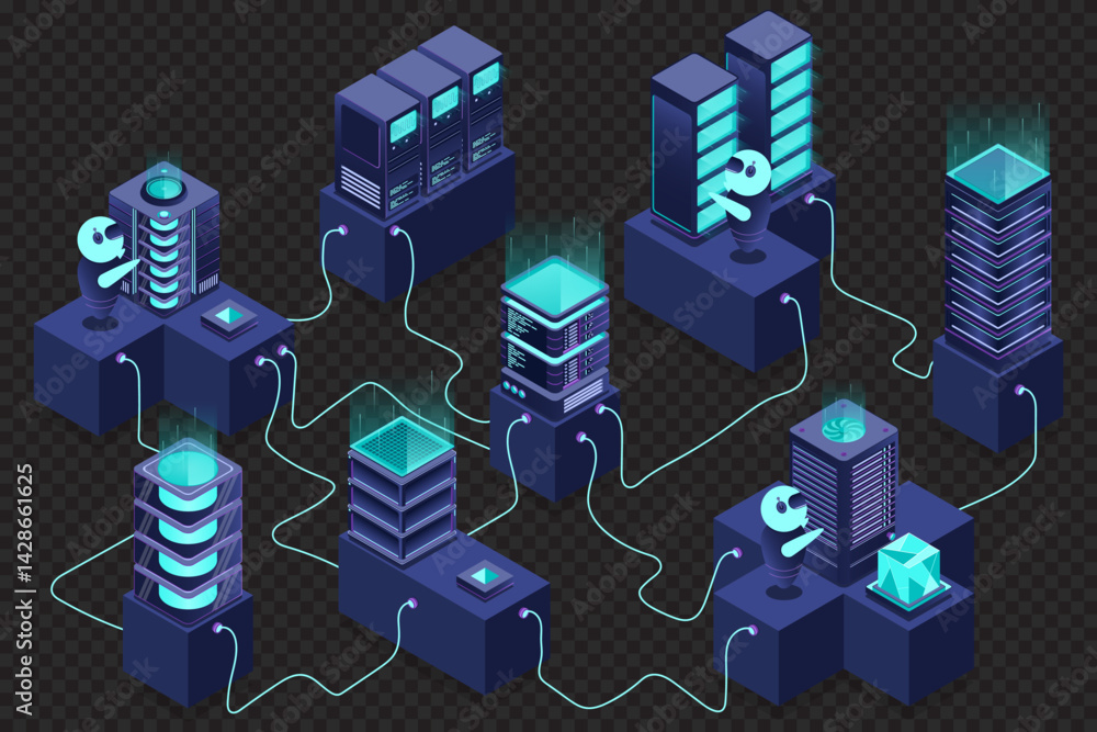 Poster 3d isometric concept big data center with server. cloud computing. network mainframe infrastructure.