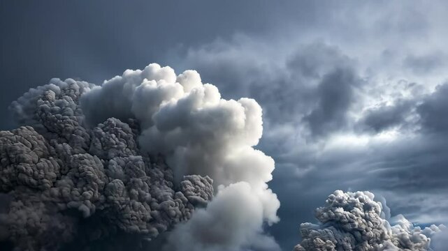 Volcanic eruption with ash cloud against a dramatic, ominous sky.