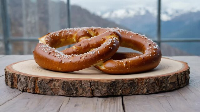 Austrian pretzel, golden-brown with salt crystals, placed on a wooden board, rustic alpine setting, soft natural lighting 

