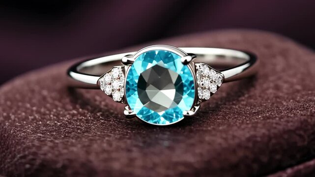 Close-up of a beautiful aquamarine and diamond ring on a velvet cushion.
