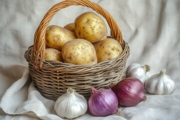 Rustic woven basket brimming with potatoes, onions, and garlic.