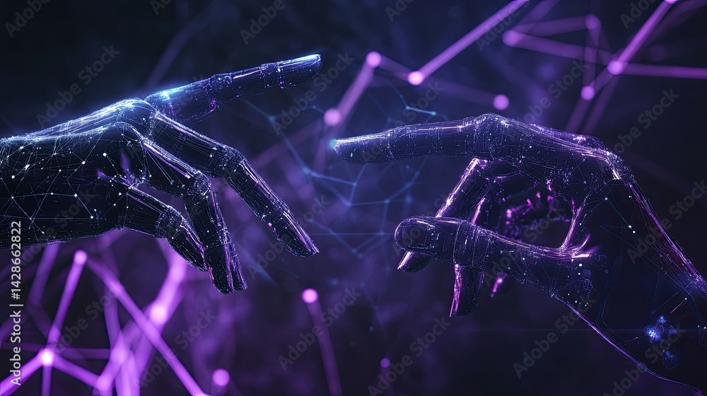 Aufkleber artificial intelligence connection: digital hands reaching for technological interface