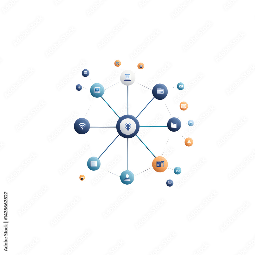 Poster illustrative diagram of an interconnected digital network system showcasing technology data exchange