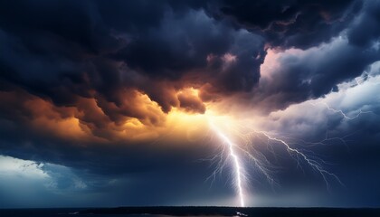 fiery lightning bolt cuts through dark stormy clouds