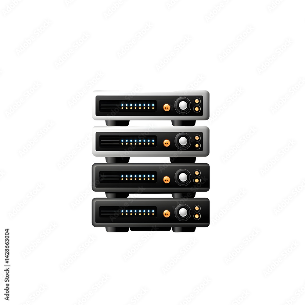Poster a stack of modern black and gray digital equipment and server hardware housed in a metal rack featur