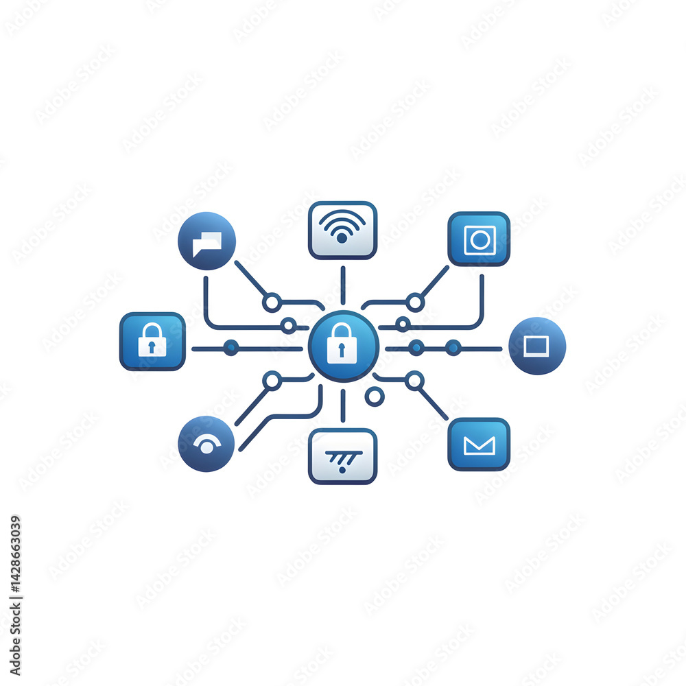 Poster interconnected digital icons representing a secure network infrastructure communication systems and 
