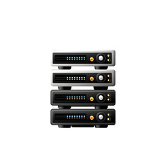Fototapeta premium A stack of modern black and gray digital equipment and server hardware housed in a metal rack featuring various buttons knobs and indicator lights for control and monitoring