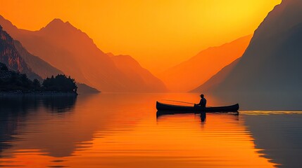 A lone figure in a canoe paddles across a still lake at sunset, with a mountain range in the background.