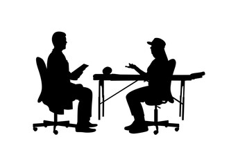 A doctor is sitting in front of a bed, advising a patient vector.