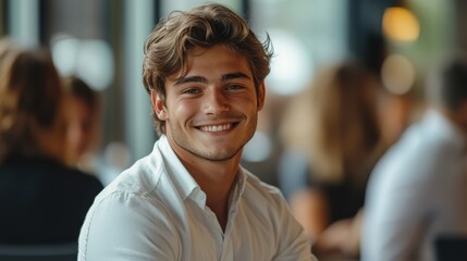 Fototapeta premium Smiling young man in white shirt portrait, indoor shot with blurred background. Ideal for illustrating positive emotions or business success stories.