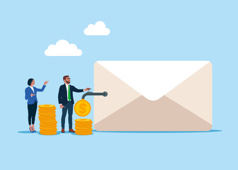 Businessman opening water tap to let dollar coins flowing out from big envelope. Financial investments. Bribe, salary. Flat vector illustration 