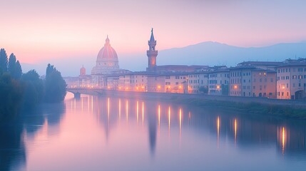 Naklejka premium A misty sunrise over the Arno River in Florence, Italy, with the iconic Duomo and Palazzo Vecchio silhouetted in the distance.