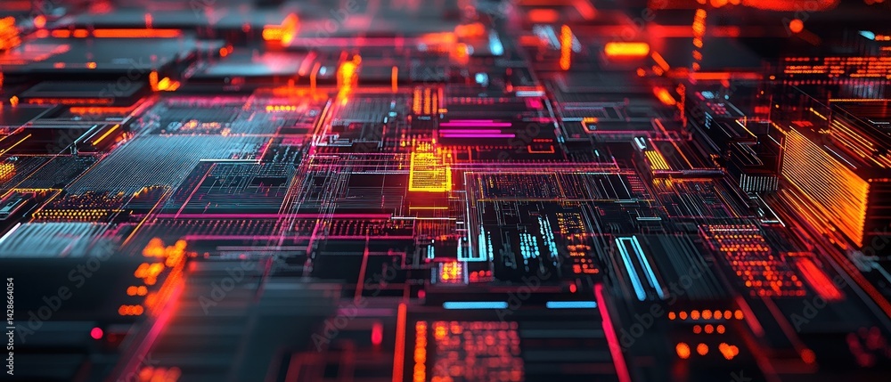 Poster abstract digital circuitry pattern with neon colors and glowing elements