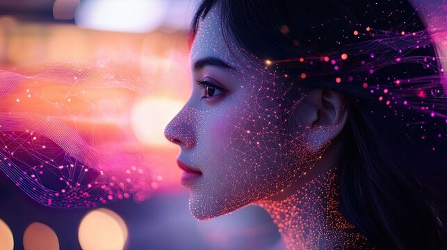 Ethereal portrait of a woman illuminated by digital neural network connectivity - Powered by Adobe