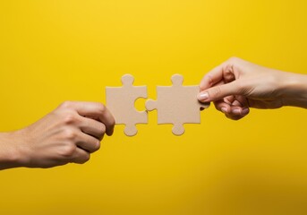 Male and female hands holding matching puzzle pieces on yellow background symbolizing partnership and teamwork