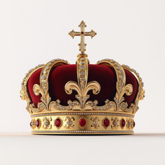 luxurious royal crown featuring intricate gold plating, adorned with red velvet and sparkling gemstones, exuding elegance and grandeur. This stunning piece symbolizes power and royalty