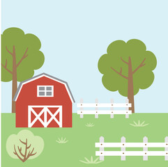 Simple Farm Scene with Barn and Trees