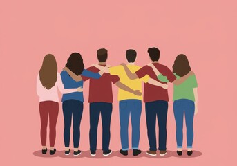 Obraz premium Flat-style illustration of six diverse friends standing with arms around shoulders, symbolizing unity and support