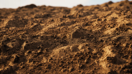 macro shot of dirt on hill, showcasing intricate texture and details of soil. earthy tones and uneven surface create natural and organic feel, inviting exploration