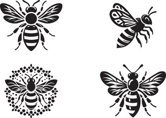 Collection of stylized bee logos and silhouette in black and white