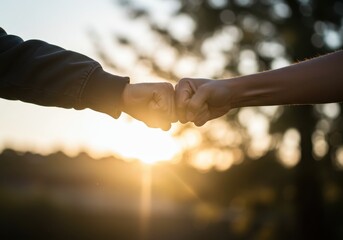 Mid-air fist bump between two people with sunlit bokeh background showing respect and mutual support