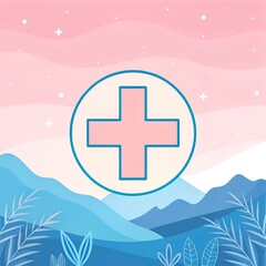 Fototapeta premium Medical cross symbol over a soft nature-inspired pastel landscape. Concept of holistic healing, wellness and natural remedies.