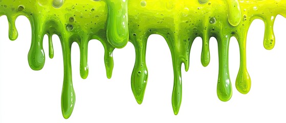 Bright green goo dripping down on white background.
