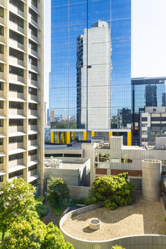 High rise buildings surrounding an inner city court yard
