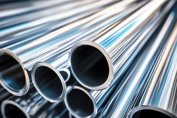 Pile of shiny metal pipes reflects cool blue light in abstract image. This is good for industry, construction, and plumbing design projects.